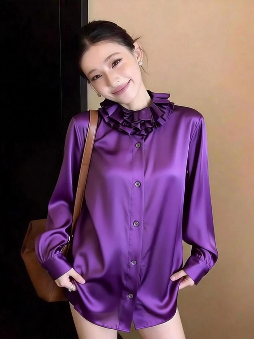 

Женская фиолетовая рубашка с длинным рукавом и воротником-стойкой, роскошный деловой топ, весна 2026, свободный крой, с пуговицами