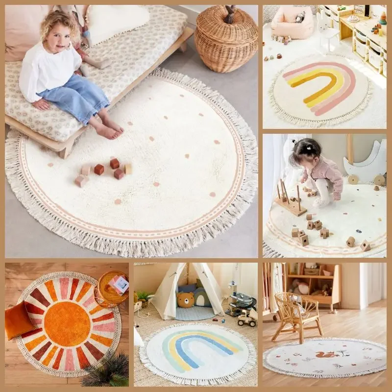 Round Fluffy Carpet For Living Room With Tassels White Hairy Nursery Play Mat For Children Soft Plush Bedroom Rugs For Kids