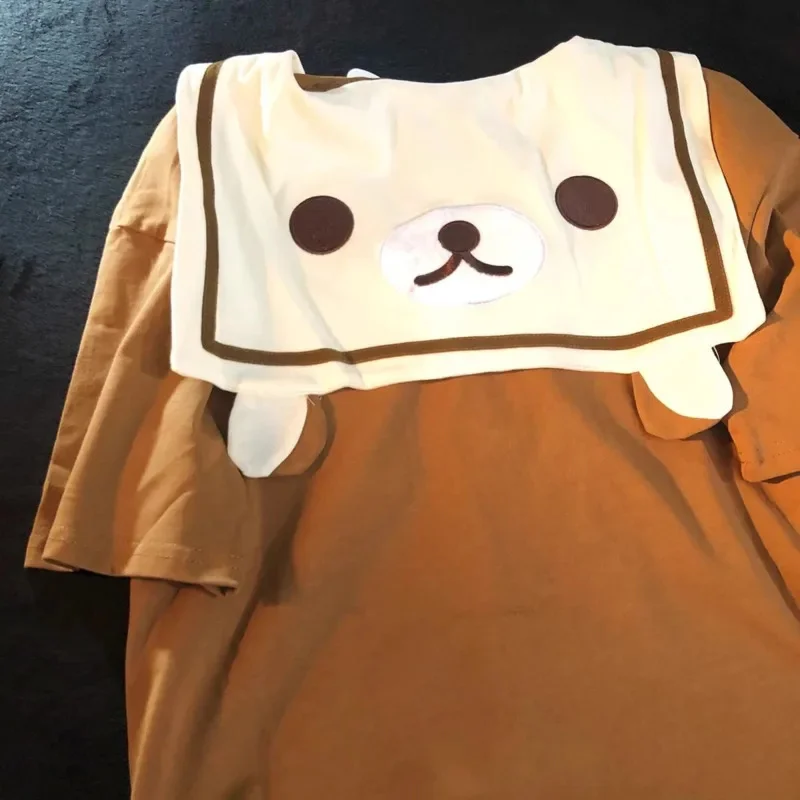 Rilakkuma Embroidered Sailor Uniform Japanese Kawaii Girl Sailor Uniform Fashion Cotton Short-Sleeved T-Shirt Casual Loose Top