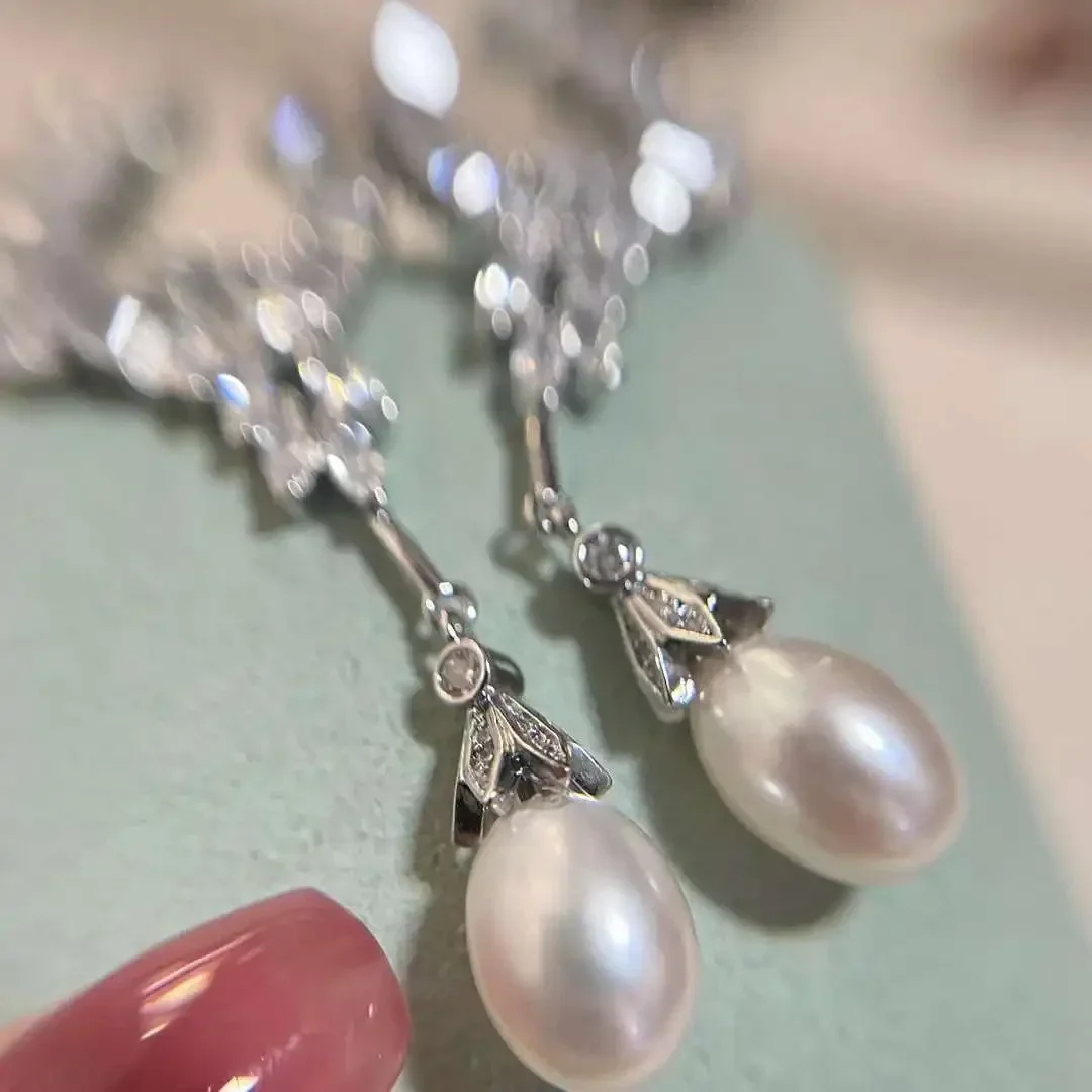 Crown Princess Pearl Earrings 9-10mm Natural Freshwater Pearls with Silver Plated Angel Wings 925 Sterling Silver Pin