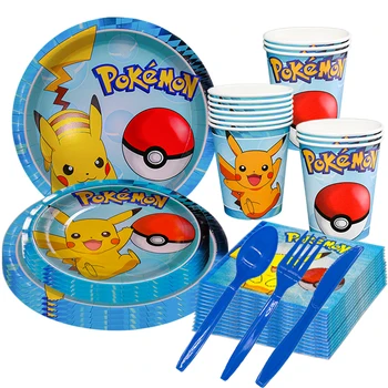 ใหม่ Pokemon วันเกิด Pikachu ตกแต่งบอลลูนทิ้งบนโต๊ะอาหารผ้าปูโต๊ะหลอดถ้วยแผ่นอุปกรณ์อาบน้ําเด็กของเล่น