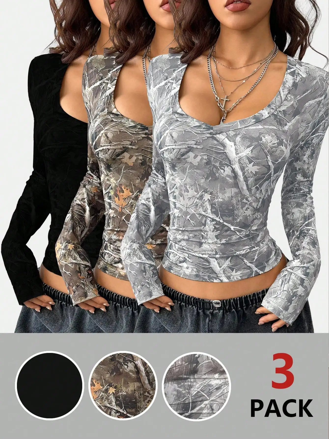

3-Pack Women's Long Sleeve V-Neck Crop Tops with Tree Branch Print & Solid Black, Y2K Streetwear Style