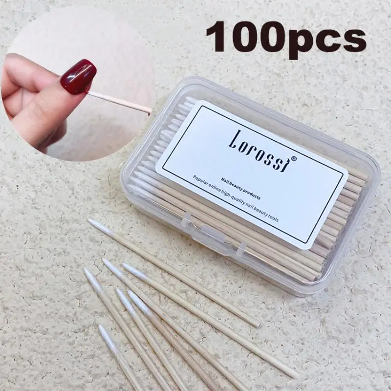 100 stks/doos Nagels Houten Wattenstaafje Cleaning Stick Bud Tip Houten Katoenen Hoofd Manicure Detail Corrector Nagellak Remover Manicure Tool