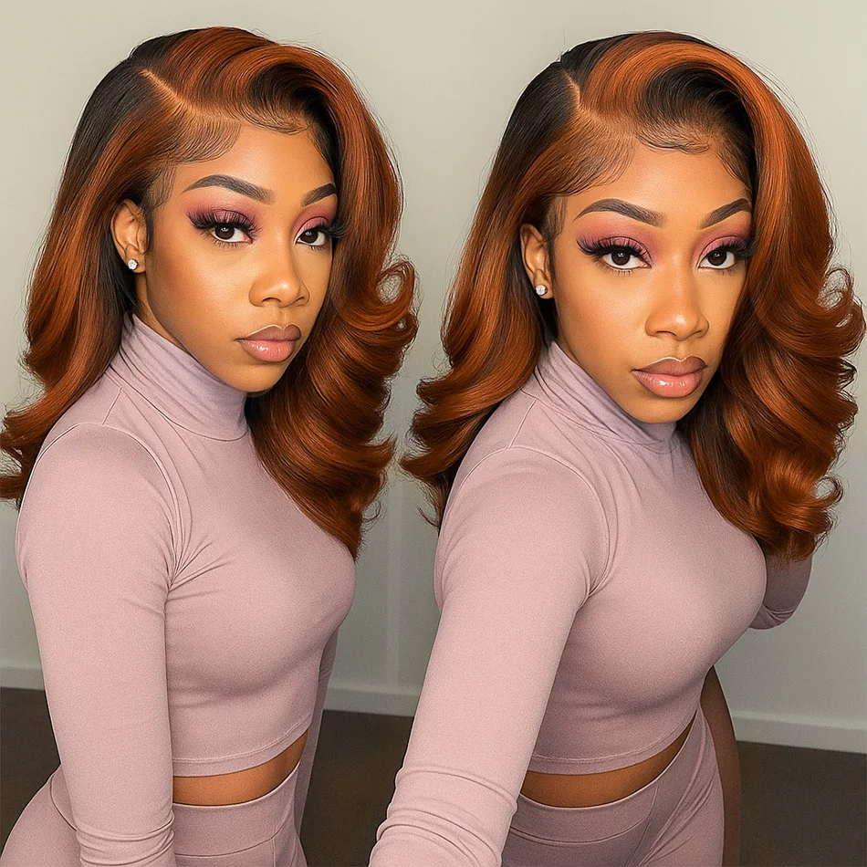 Peruka Bob Krótka z Włosów Naturalnych Ombre Brąz z Pasemkami w Kolorze Imbiru, Krótkie Peruki z Falą Body Wave z Przedziałkiem 13x4, Gotowe do Założenia, Bez Kleju, dla Kobiet