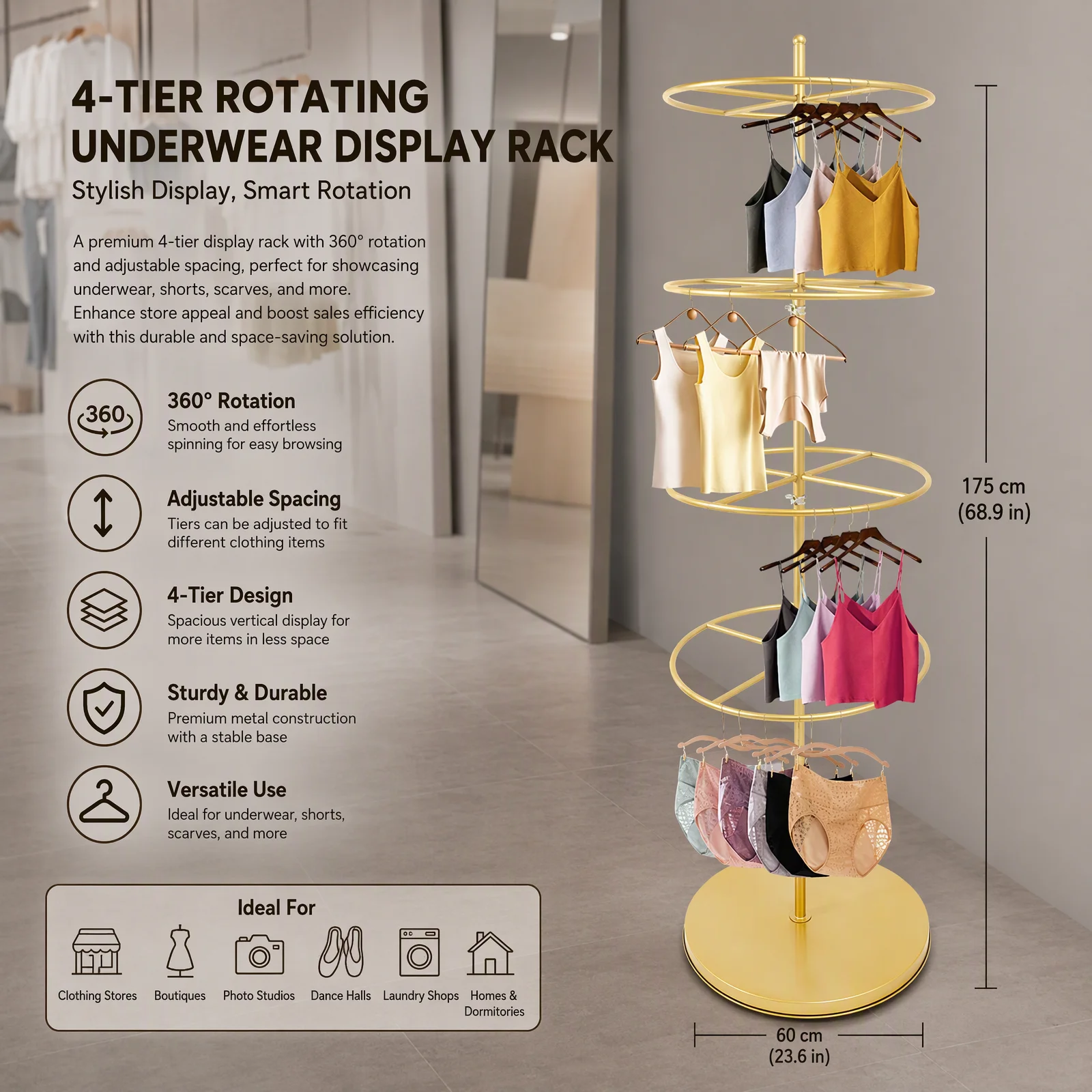 Retail Rack, Retail Counter Display Rack, 4-Tier Rotating Clothes Shelf, Adjustable Gold Iron Stand, Bra Panty Sock Organizer, Durable, Anti-Rust