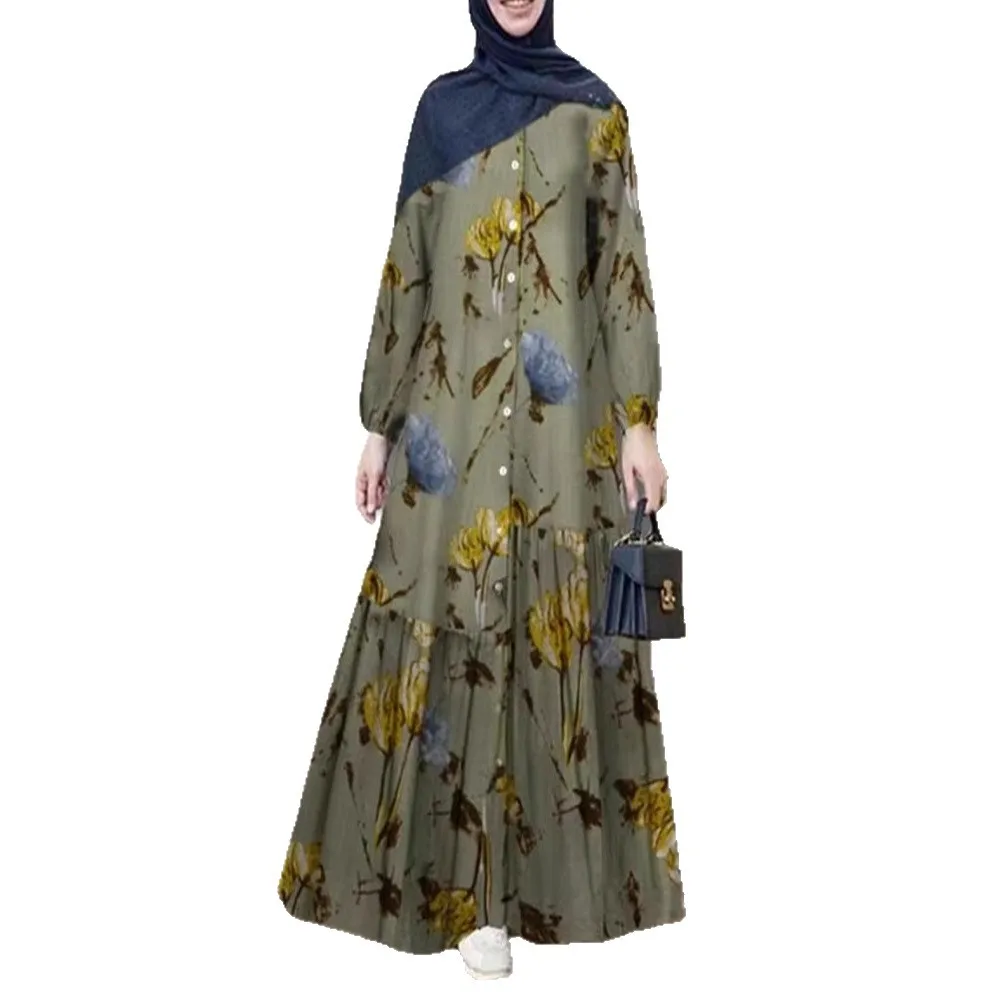 

Spot Muslim patchwork robe plus size women's cotton simple long sleeved floral long dress