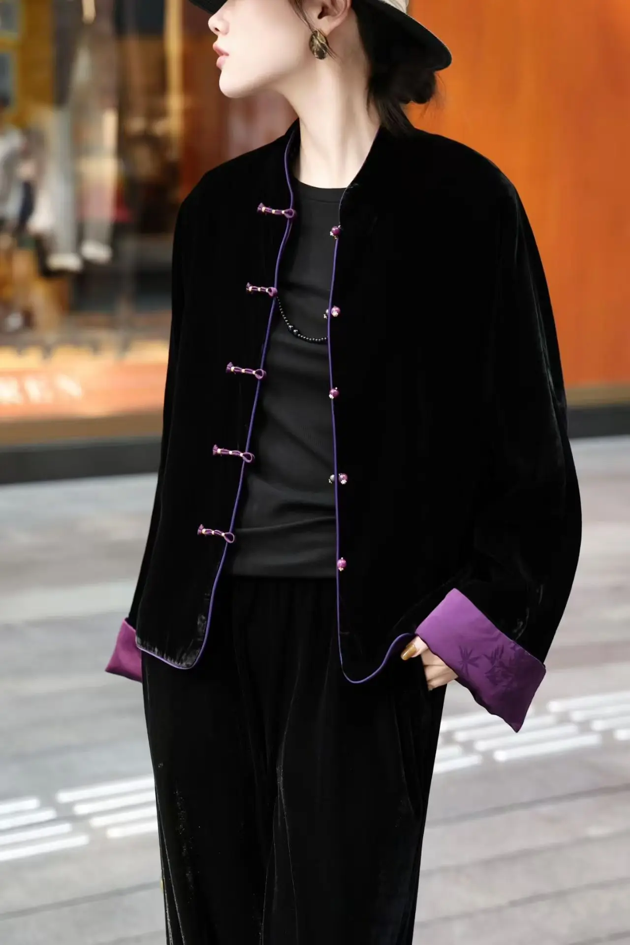 Retro Double Sided Wearable Spring and Autumn New Chinese style Jacquard Silk + Velvet Contrasting Color Cuff Women's Coat S-XXL