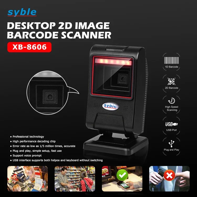 XB-8606 Syble Handsfree Price Checker 2D QR Code Reader Omnidirectional Desktop Barcode Scanner