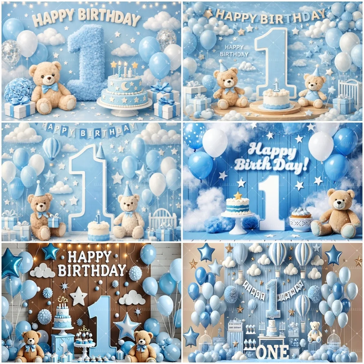 Kid 1st Birthday Party Decoration Supplies Bear Balloon Blue Photography Background Girls Boys Photo Backdrop Baby Shower Banner