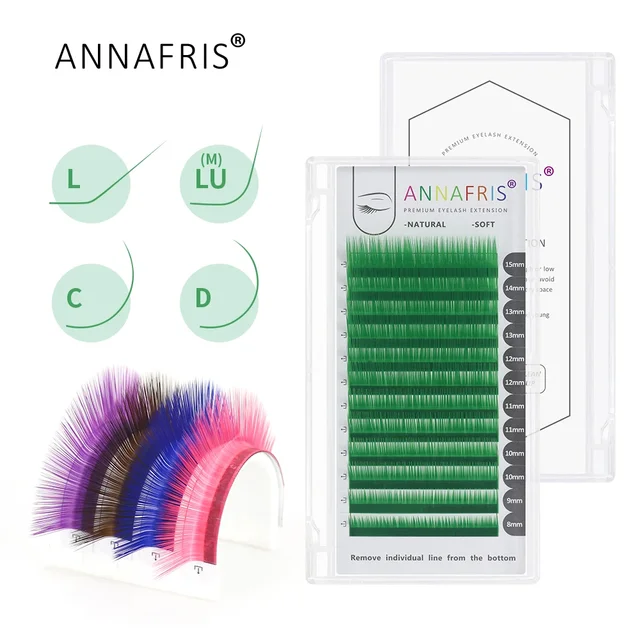 ANNAFRIS 12-liniowe indywidualne kolorowe rzęsy brązowe/fioletowe/niebieskie/zielone/różowe miękkie naturalne sztuczne kolorowe przedłużanie rzęs Graft Cilios