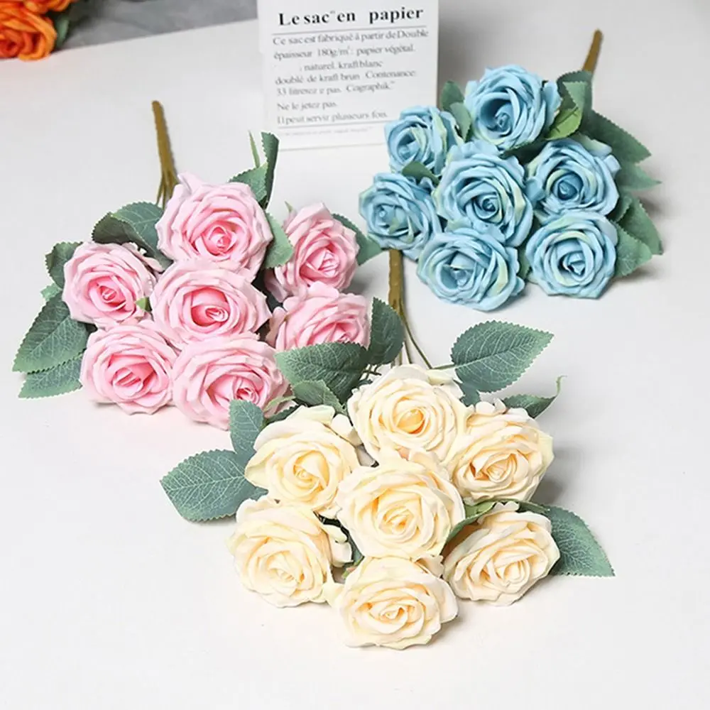 

7 Heads Rose Artificial Flower Multicolor Green Leaves Faux Flower Photo Props Rolled Edge Flower Bouquet Wedding Ornament