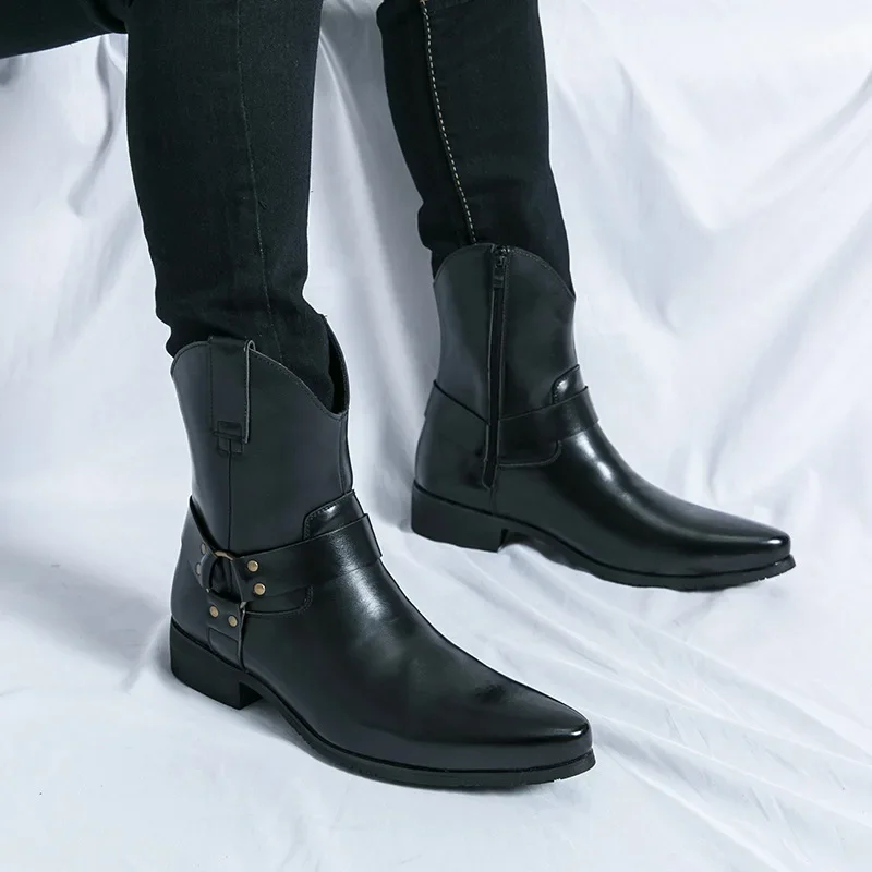 Men's Pointed Side Zipper Comfortable Short Boots Fashionable Men's Denim Boots High Top Boots