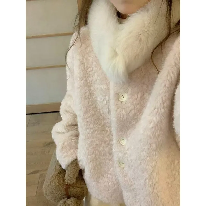 Women Winter Faux Lamb Fur Coat Short Thick Lazy Style Fake Two Piece Furry Faux Fur Jacket