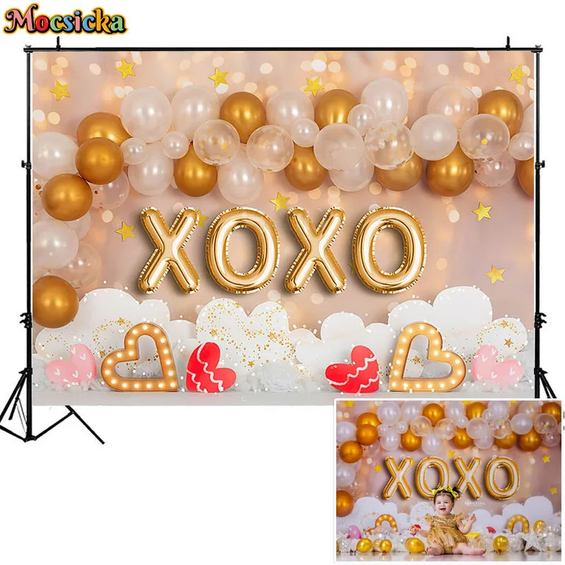 Arrière-plan de photographie d'enterrement de vie de garçon, coeur, chapiteau, lumières, ballon doré, XOXO, arrière-plan de portrait de Leon, 14 février, Photocall