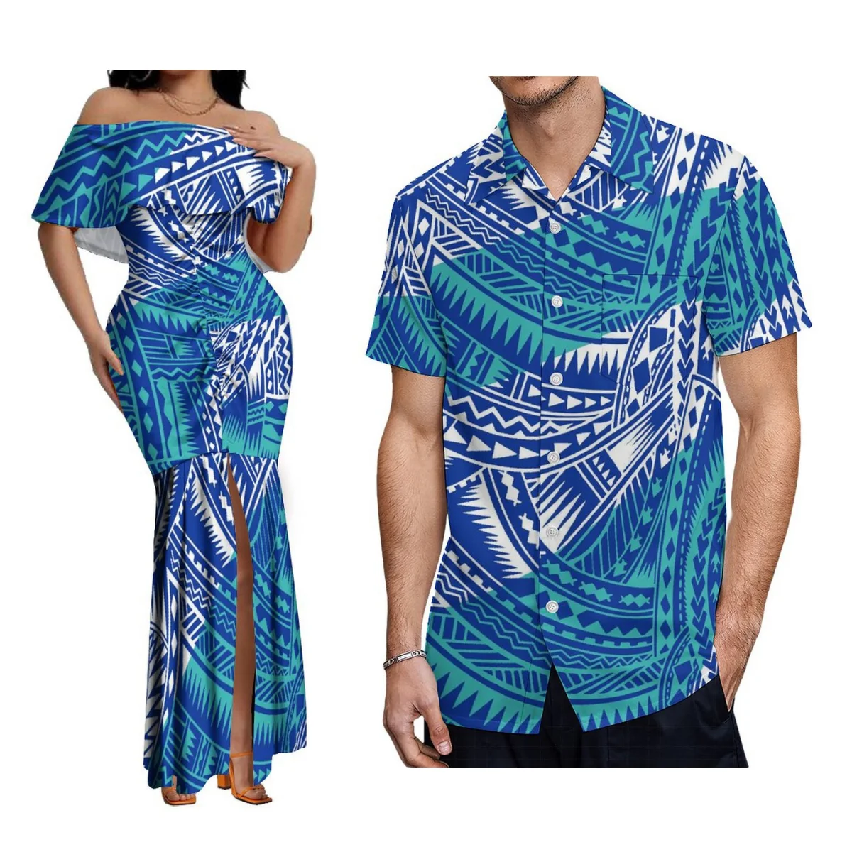 Hawaiian Beach Party Blue Couple Suit Men\'S Aloha Shirt And Women\'S One-Shoulder Dress Polynesian Floor-Length Fishtail Dress