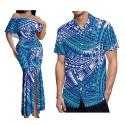 Hawaiian Beach Party Blue Couple Suit Men'S Aloha Shirt And Women'S One-Shoulder Dress Polynesian Floor-Length Fishtail Dress