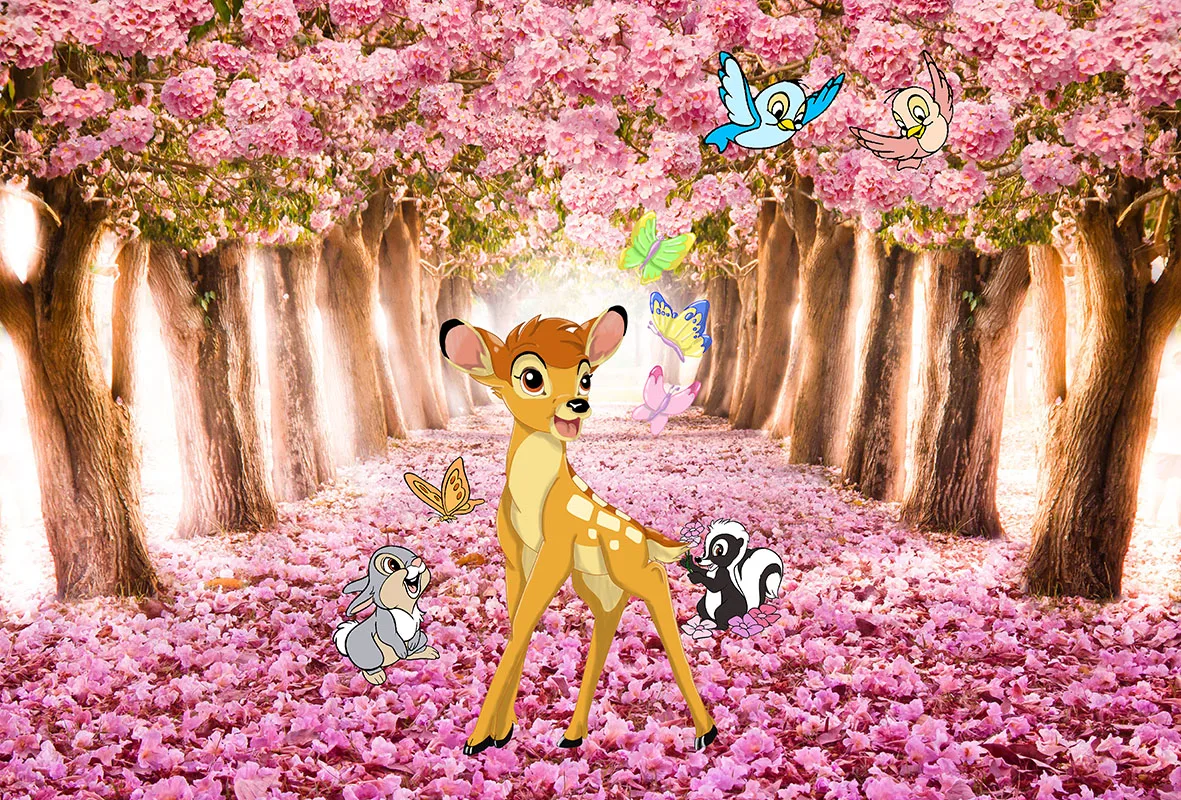 Disney Bambi Photo Backdrop Kids Birthday Party Pink Flower Deer Vinyl Polyester Fabric Photo Background Decoration Banner