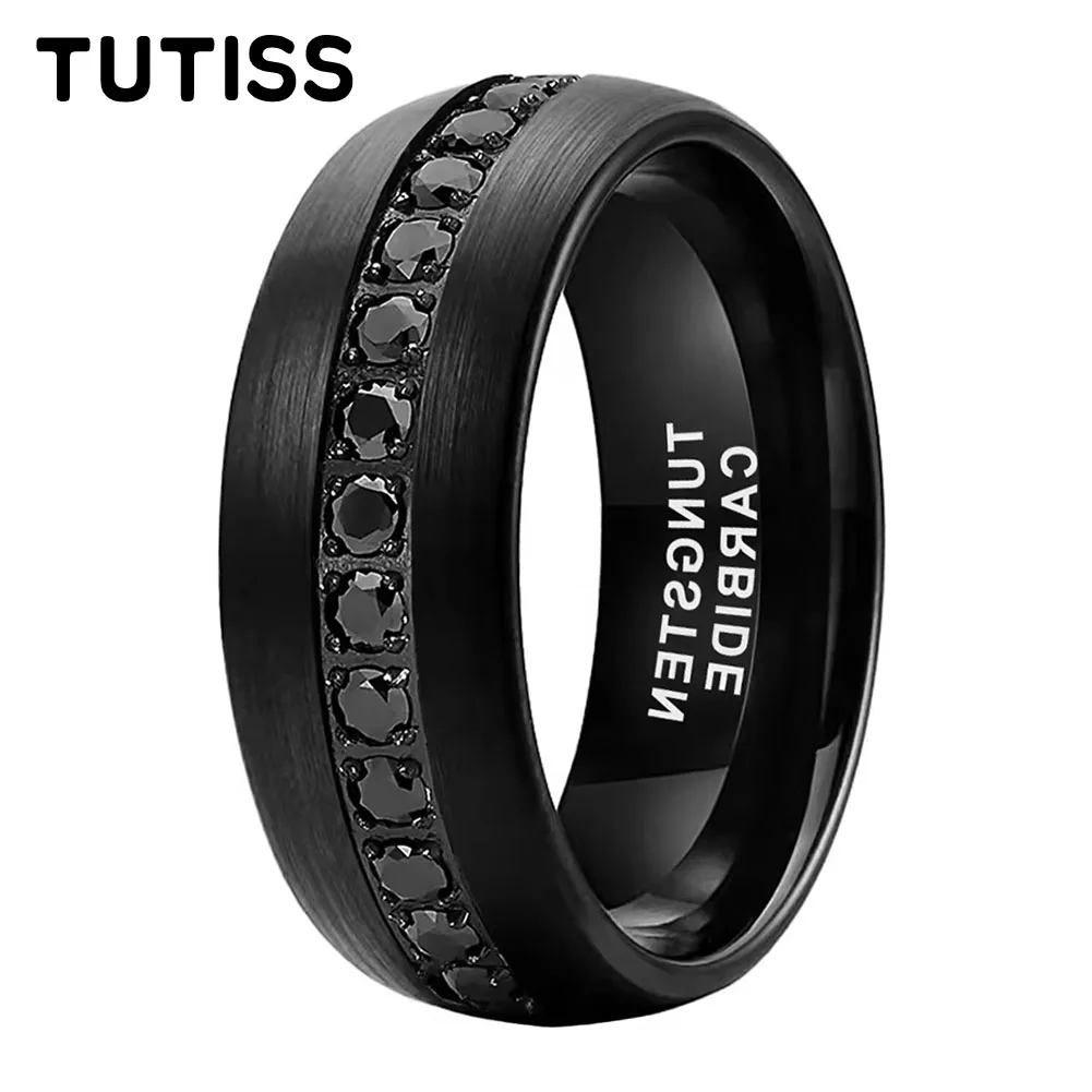 Men's 8mm Black Tungsten Carbide Wedding Band, Brushed Finish Single Row Channel Set Black Cubic Zirconia CZ Rings, Comfort Fit