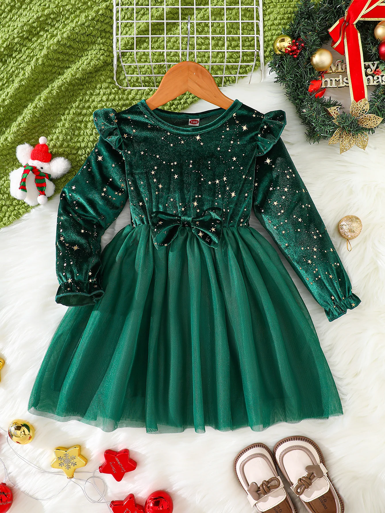 Girls Velvet Long Sleeve Princess Dress Christmas Star Pattern Autumn Winter Children's Clothing Kids Fashion