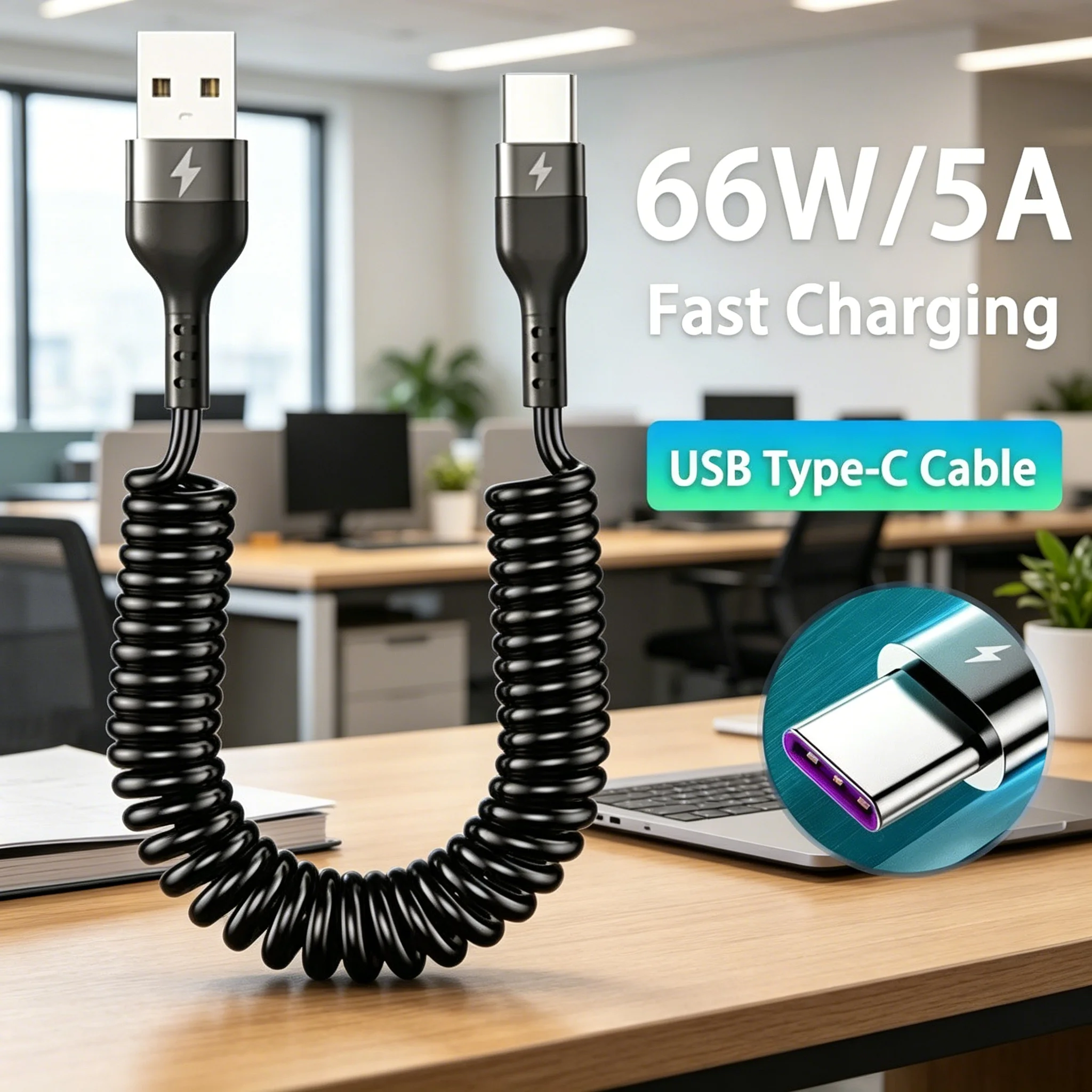 Mobile Phones Universal USB Type C Cable 66W 5A Fast Charge Spring Retractable Design Car Charging Cord for Xiaomi Redmi Samsung