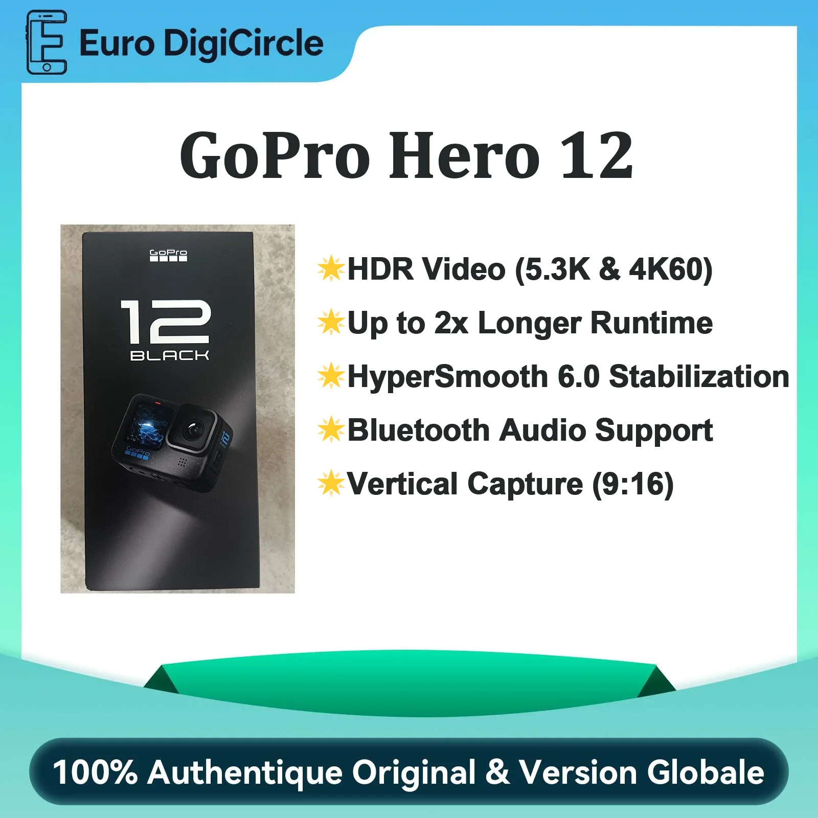 GoPro HERO12 Black - Caméra d'action étanche avec vidéo Ultra HD 5.3K60, photos 27MP, HDR, capteur d'image 1/1.9"