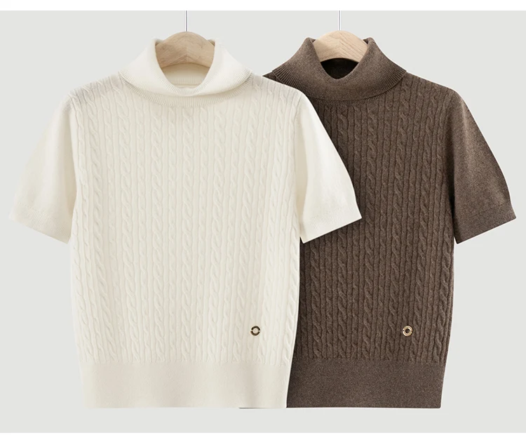 TH662122 Damen Rollkragenpullover mit Zopfmuster, Kurzarm, 100% Kaschmir, Gerippter Saum, Gemütlich, Lässig-Schick, Frühherbst – Detail 13