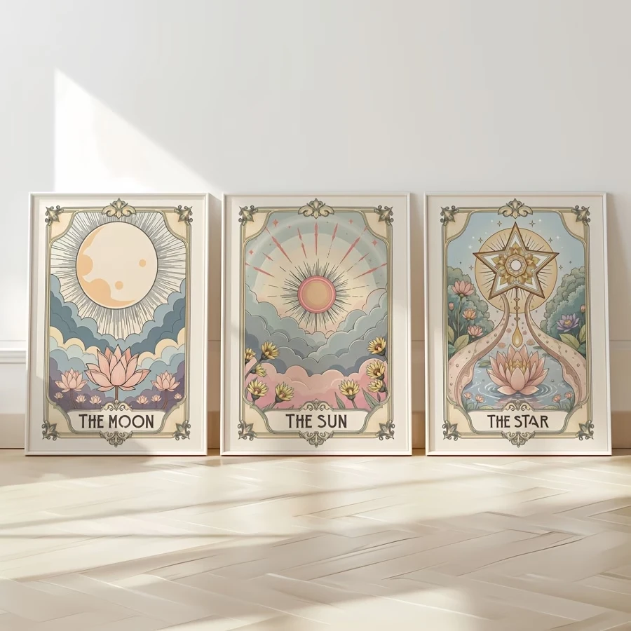 Modern Boho Tarot Sun And Moon Wall Art Print Canvas Painting Poster Picture For Living Room,Bedroom Home Decor