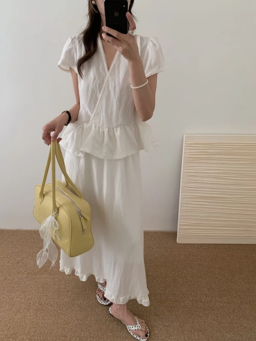 Alien Kitty Elegant Women Suits Office Lady Camping Gentle Ruffles Blouses 2025 Summer Loose A-Line Maxi Skirts High Street Sets