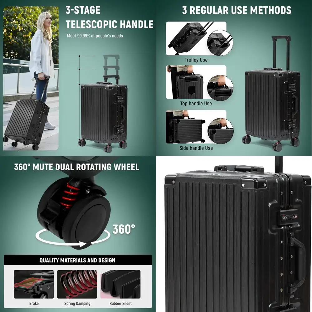 24 TSA-Lock Aluminum Frame Suitcase with Spinner Wheels, Cup Holder, Lightweight for Travel, Black