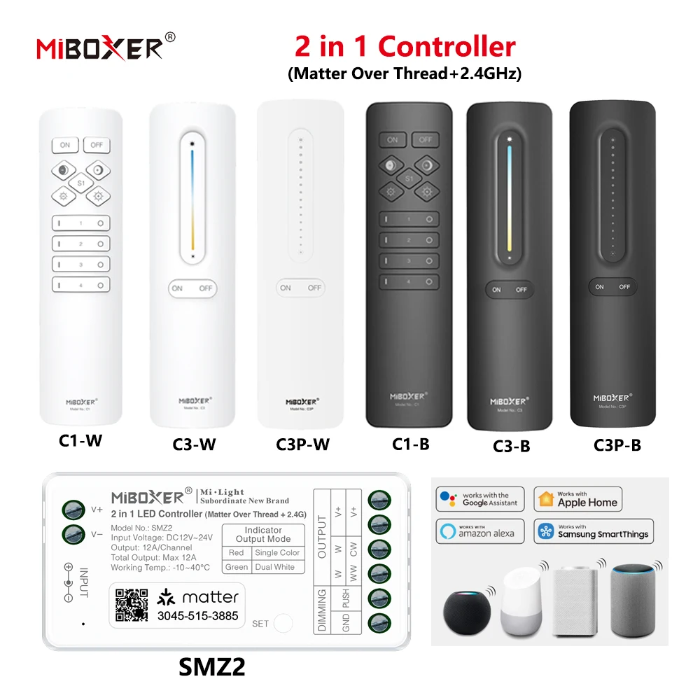 Miboxer SMZ2 DC12-24V 2in1 Controller Matter Over Thread+2.4GHz Tuya APP WIFI Control Single/Double Color CCT LED Strip light