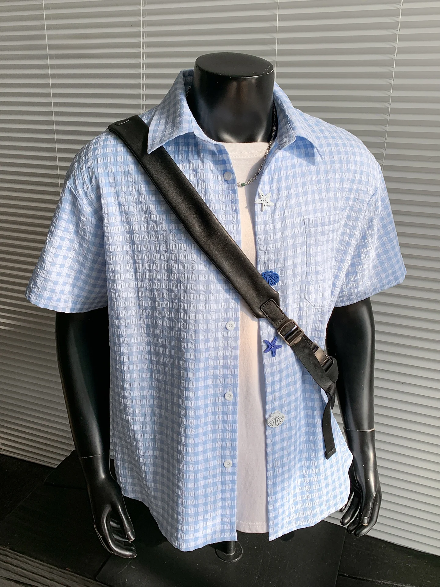 

Summer Casual Plaid Bubble irt Men's ort Sve Beach Coast Design Breathable Cotton Polyester Blend Couples Outerwear