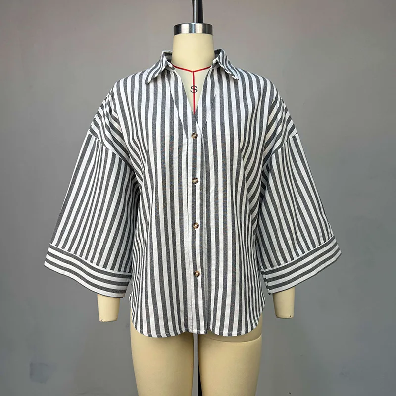 Atasan Wanita Blus Kemeja Kerah Lipat Lengan Panjang Atasan Bergaris Y2k Streetwear Elegan Kemeja Kombinasi Kasual Longgar Kerja Musim Gugur