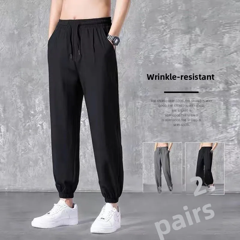 

Мужские летние ультратонкие дышащие свободные брюки из ледяного шелка больших размеров для студентов, спортивные, модные, брендовые, быстросохнущие, укороченные, с манжетами