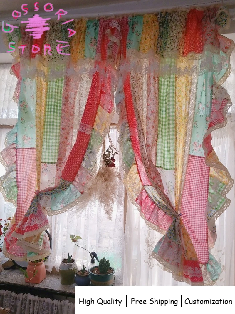 

Sample Custom British Pastoral Countryside Retro Patchwork Color Curtain for Living Room Korean Ethnic Style Partition Drapes