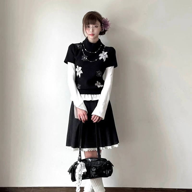 Sweter damski MEXZT w stylu vintage z nadrukiem, japoński Harajuku, czarne dzianinowe pulowery, dzianiny z krótkim rękawem Y2K, zimowe swetry, nowy model