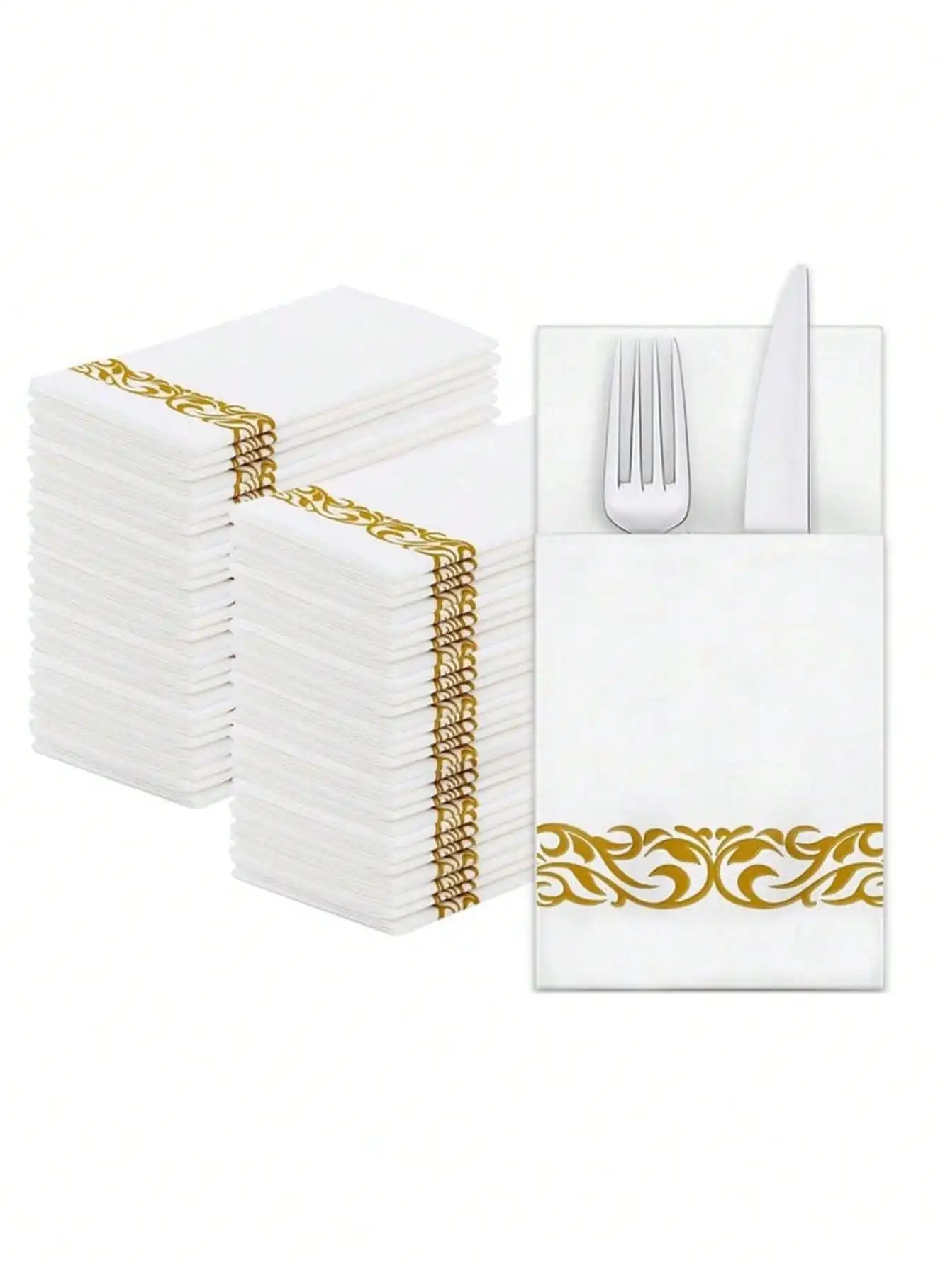 

25pcs White Disposable Napkins with Gold Scroll Pattern & Cutlery Pocket for Weddings, Parties
