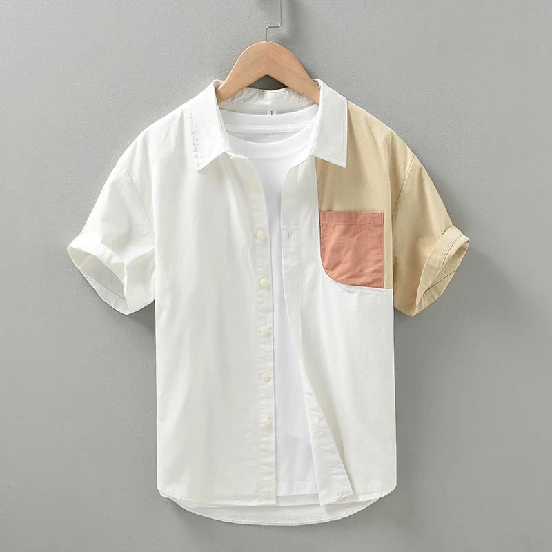 

Pure Cotton Casual Shirts Men Casual Fashion Patchwork Short Sleeve Shirt