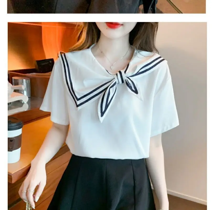 Women\'s Solid Color Summer 2024 New Preppy Style Commuter Sailor Collar England Bow Drawstring Loose Short Sleeved T-shirts Tops