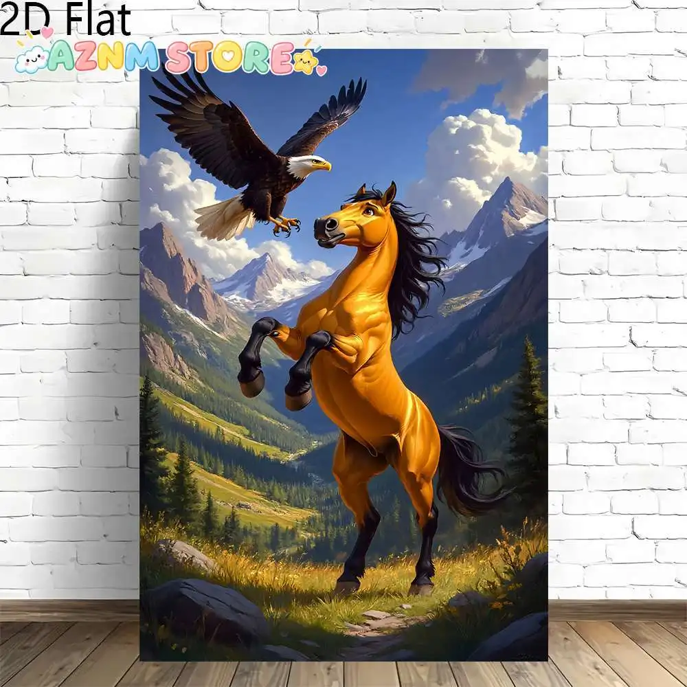 2D Flat 1pc Eagle and Horse in Mountain Wild | Dynamic Freedom Nature Art Frameless Canvas Artwork for Home and Office Wall A
