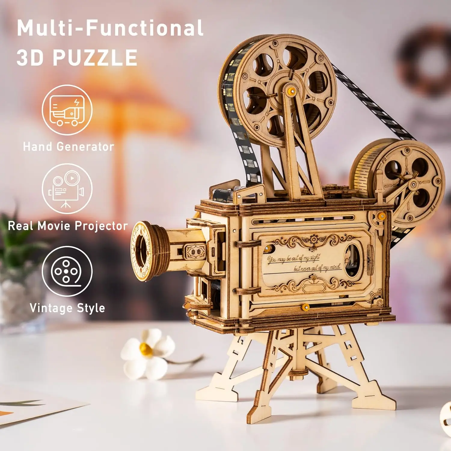 Robotime ROKR Hand Crank Projector Classic Film Vitascope 3D Wooden Puzzle Model Building Toys for Children Adult LK601