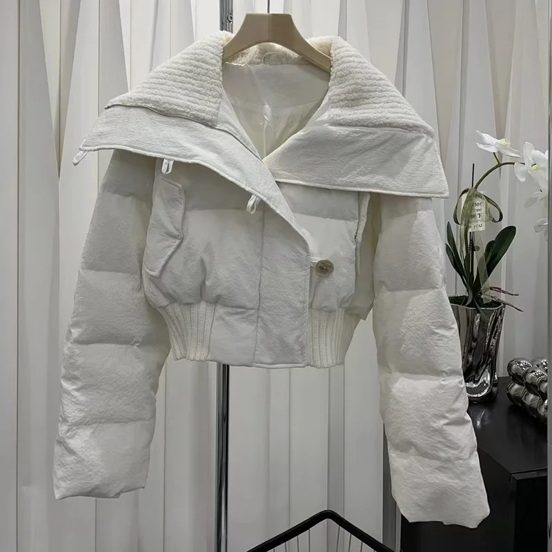 2024 Autumn Winter Jacket Women Retro British Style Large Lapel Loose White Casual Warm Short Coat Korean Chic Y2k Thick Coats