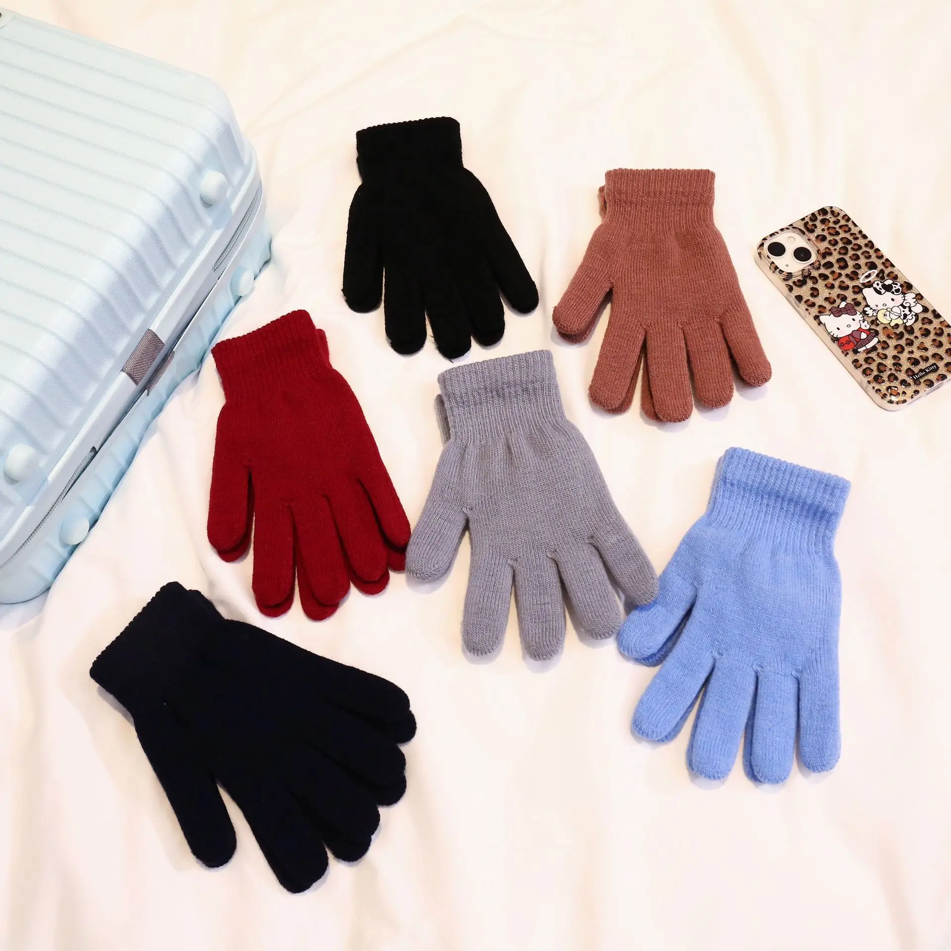 Einfarbige Handschuhe für Herbst und Winter mit verdicktem Innenraum, modische Fahrrad-Strickhandschuhe, kältebeständig und warm