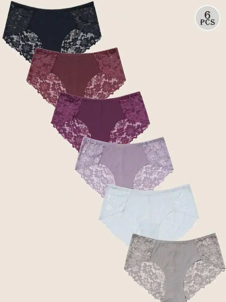 

6 Pack Lightweight Comfortable Lace Women Briefs With Floral Pattern