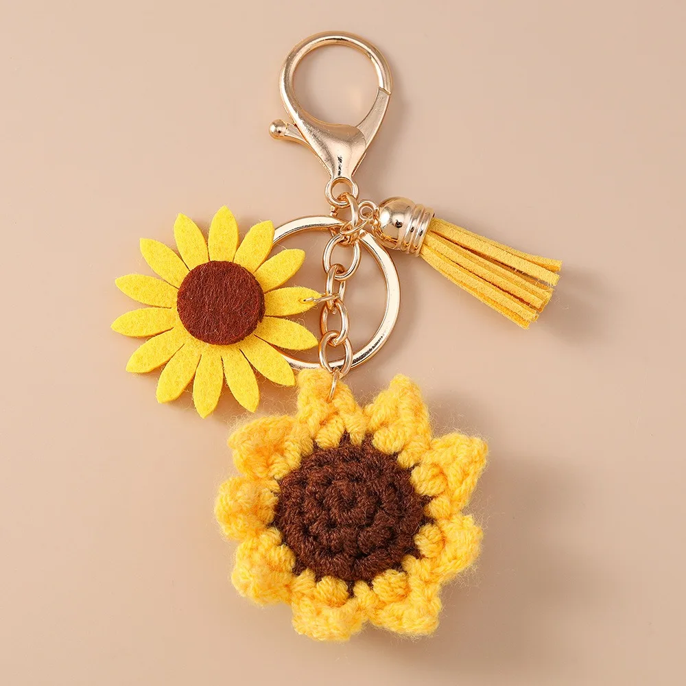Handmade Crochet Sunflower Pendant Handbag Decor Backpack Crocheted Flower Key Ring Weaving Bag Charm Knitted Keychain DIY Gifts