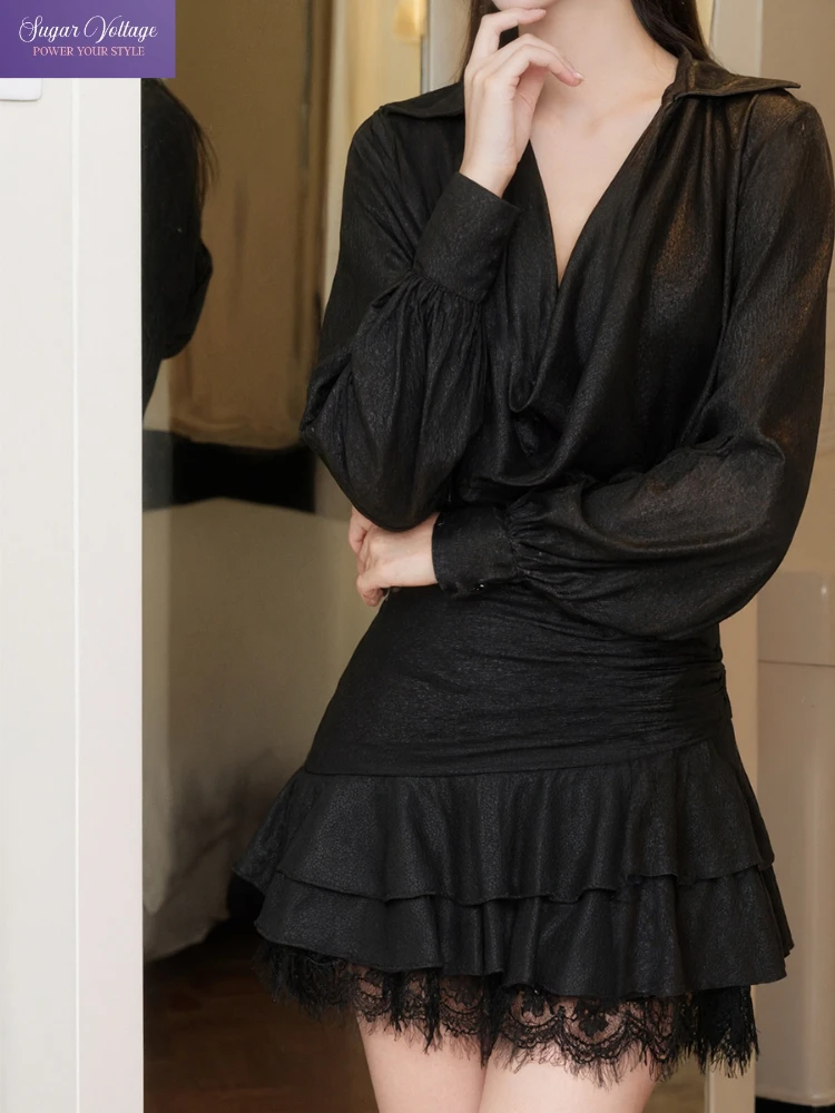 

Fashion Chic 2-piece Set Women Black V-Neck Lantern-Sleeve Satin Dress Top + Layered Ruffle Mini Skirt Elegant Slimming Outfit