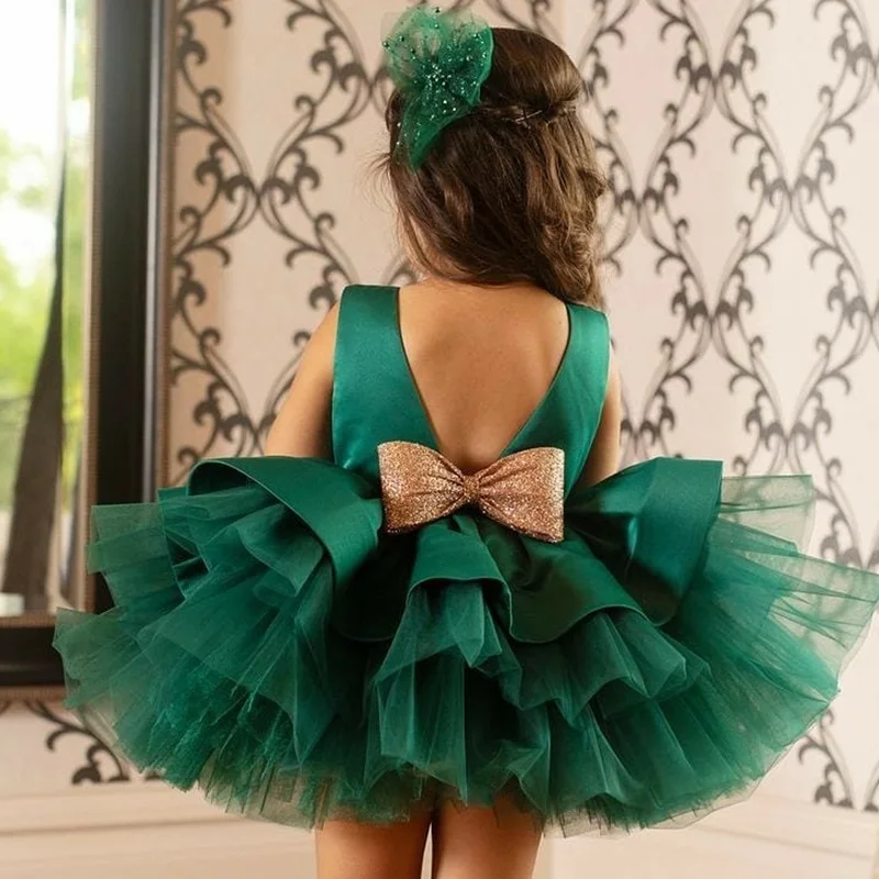 Vestidos vermelhos de Natal para crianças, arco sem costas, roupas de princesa ano novo, festa de aniversário infantil, traje de gala formal, tutu