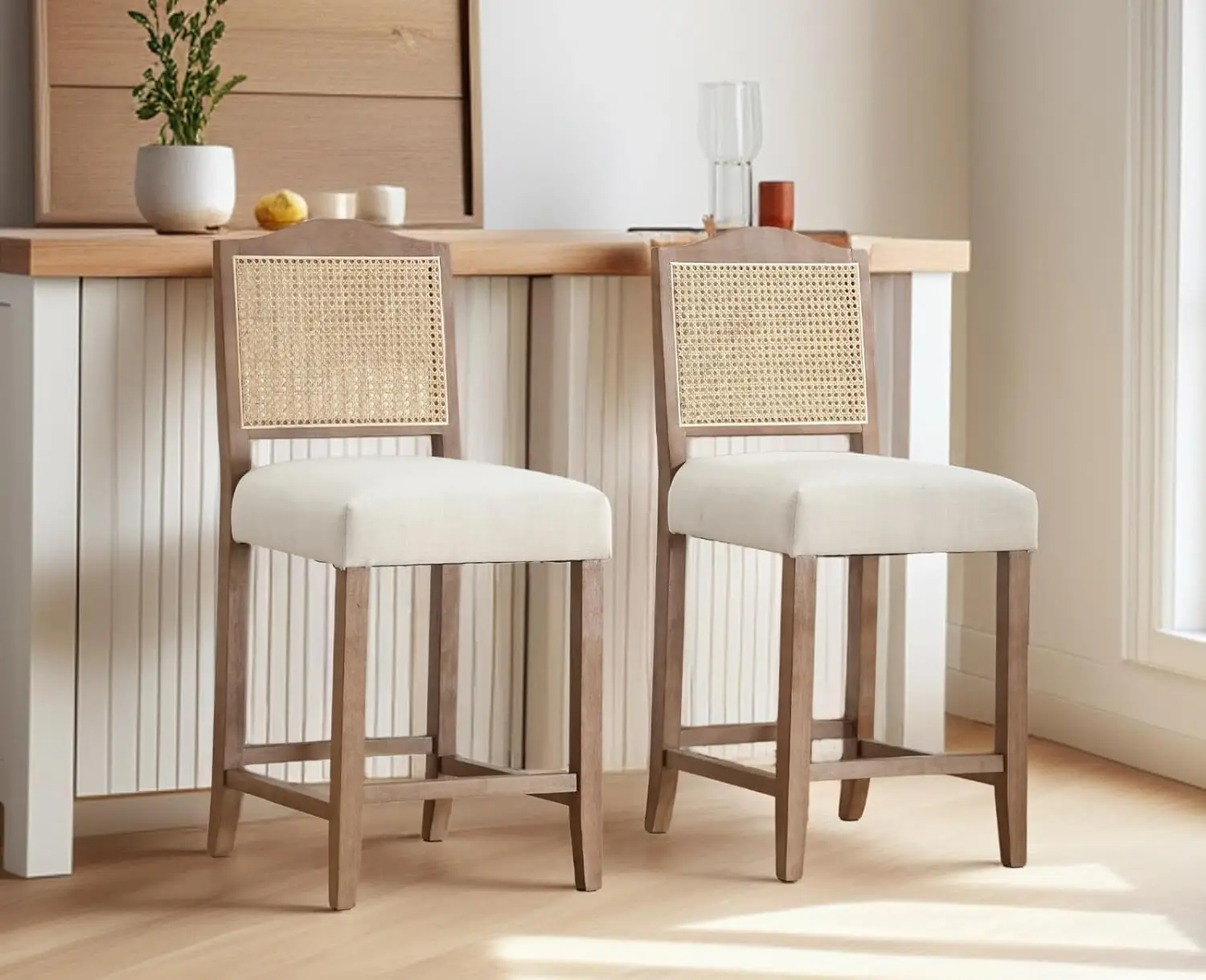 Conjunto de bancos de bar com altura de balcão, 2 bancos de bar de vime, cadeiras de bar modernas de meados do século, bancos de cozinha estofados wi