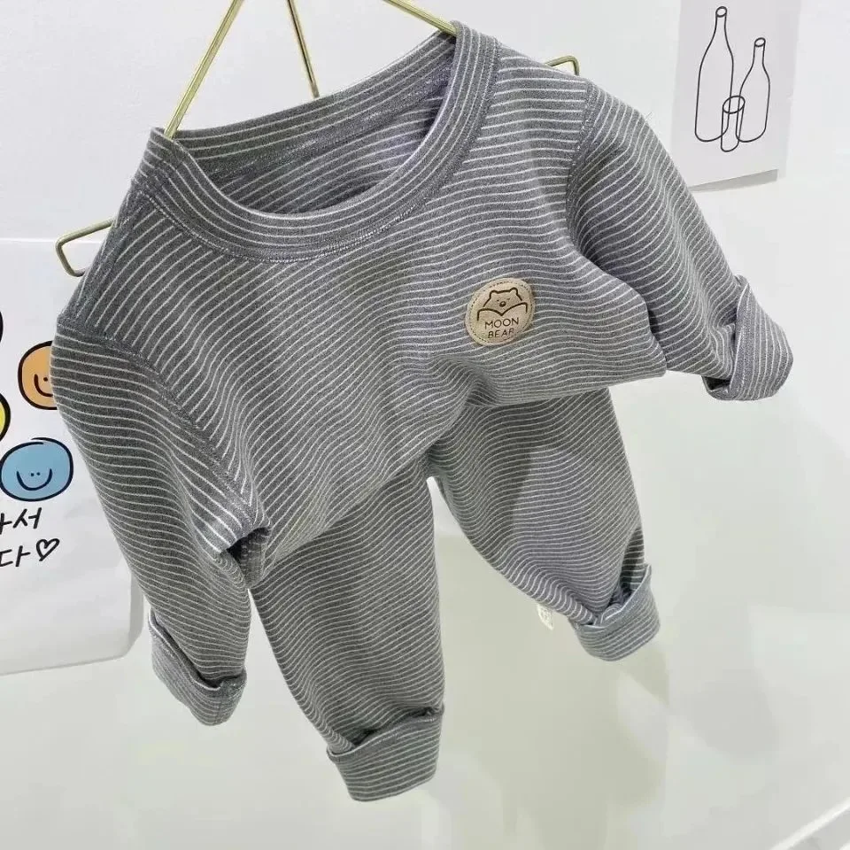 Autumn Children Boy 2PCS Pajamas Set Cotton bear Sticker Warm Pullovers+striped Leggings Baby Boy Outfit Kid Boy Loungewear Suit