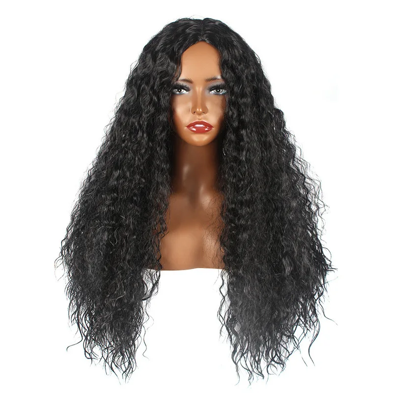 New African- women's , fashionable black curly wig with small curls, water wave texture, cornrow style, and a center par