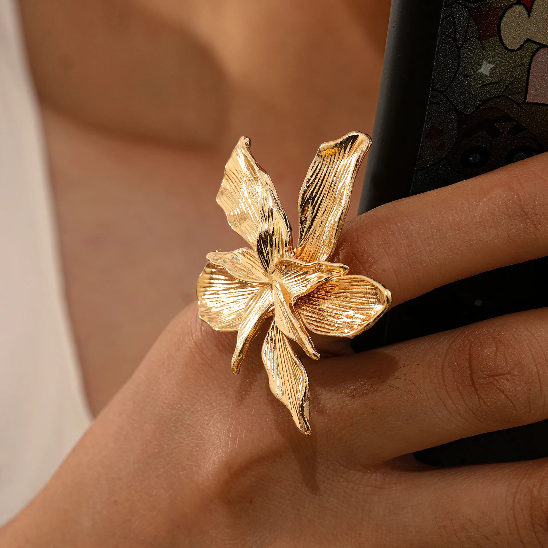 

Bold Gold Flower Ring, Stylish Large Single Statement Jewelry Piece